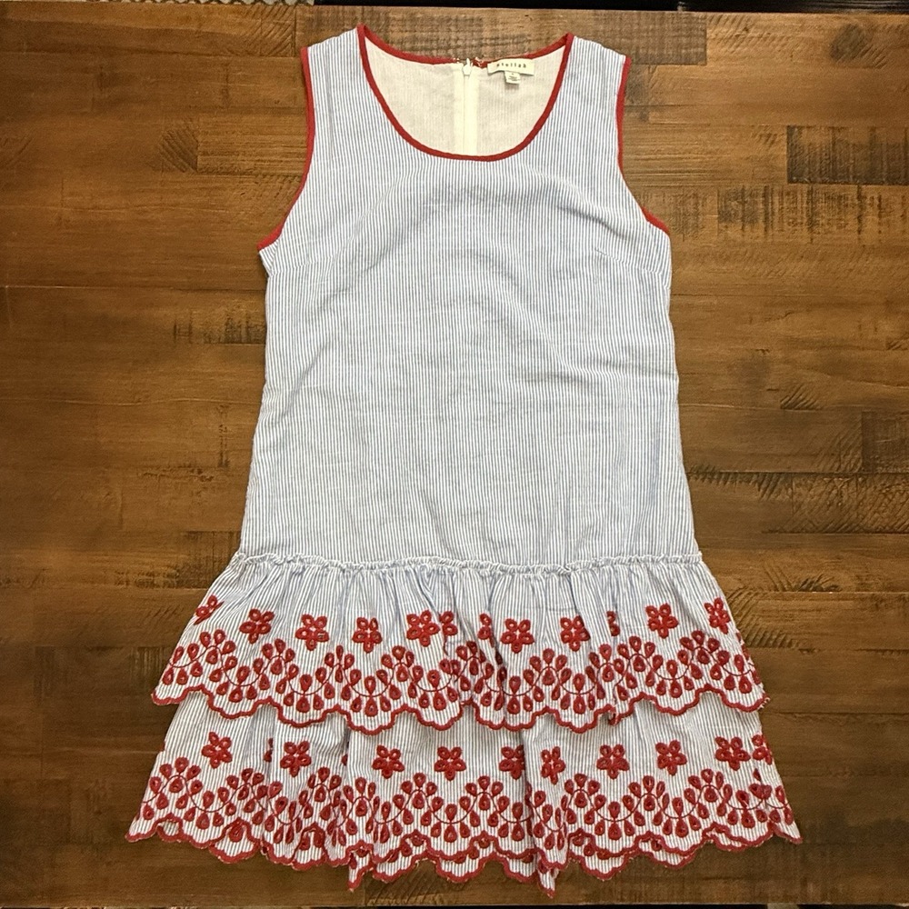Stellah NYC Dress Ruffle Eyelet Blue White Stripe With Red Size SMALL
